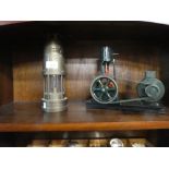 A static steam engine model and a brass minors lamp marked E.Thomas Williams