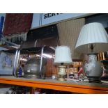 Two lamps and shades, leather dining chairs, coal helmet, pictures etc.