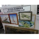 Three wooden framed oil on board pictures depicting military aircraft and rocket signed Lee Bush and