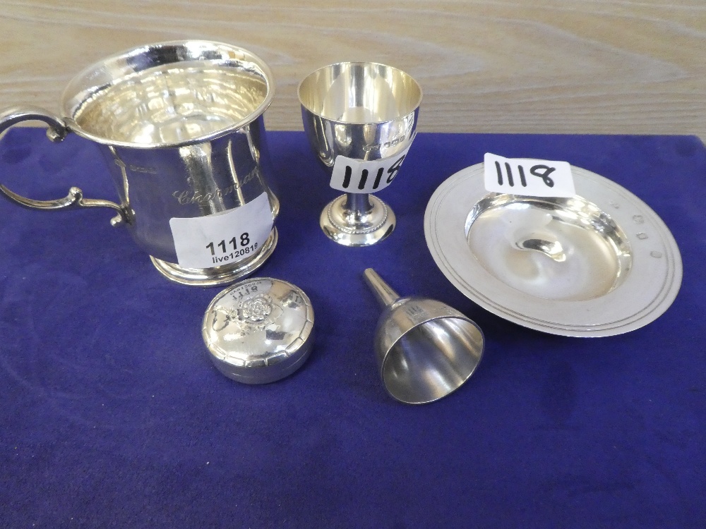 A selection of silver items including a Christening Cup ,Birmingham 1935, an egg cup and a trinket