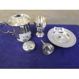 A selection of silver items including a Christening Cup ,Birmingham 1935, an egg cup and a trinket