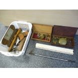 Two sets of boxed weighing scales, two miniature planes, rulers and sundry