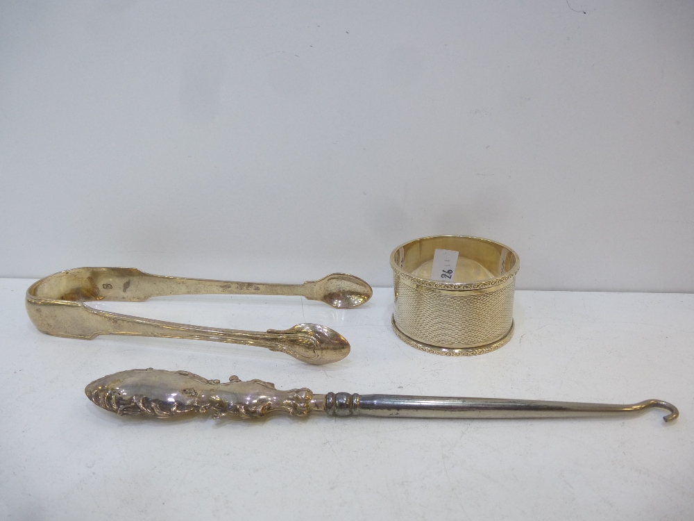 A selection of silver hallmarked items including salts, sugar tong a napkin ring and button pull, - Image 2 of 2