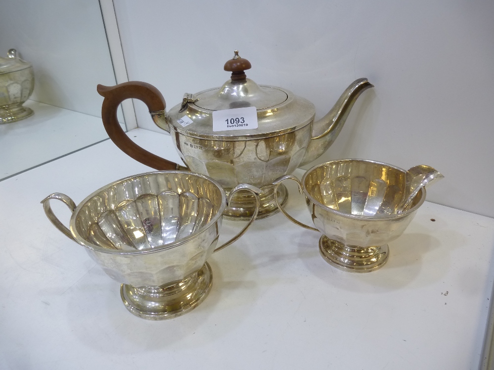 Art Deco 3 piece silver tea set, fluted body, Birmingham 1931, maker's mark H.C.D. for Henry