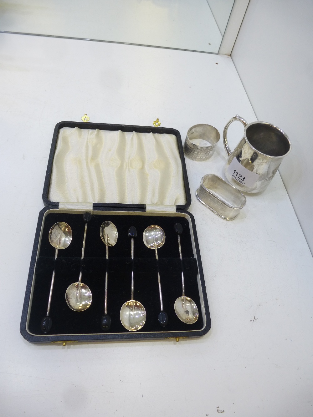 Case set of six coffee spoons, silver Birmingham 1935 a Christening Cup ,Birmingham, 1902 and two