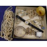 Yellow coloured metal neck chain, oval locket, silver hinged bangle etc.