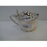 Plain silver Georgian III mustard pot, reeded decoration & handle, blue glass liner, London 1800