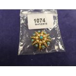 Edwardian 9ct yellow gold star burst brooch set with seed pearls & turquoise stamped 375, 3cm