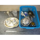 A silver plated oval inkwell and sundry plated items