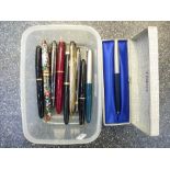 Collection of vintage fountain pens, including parker examples & a silver Montblanc multi-coloured