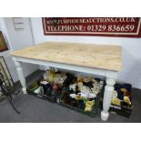 Modern oblong pine kitchen table having painted base with routered top, 152cm