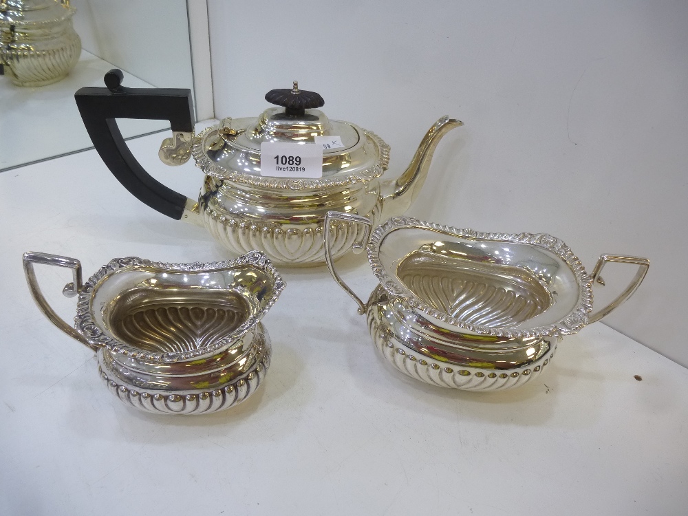 1930's silver 3 piece tea set, half gadroon body, shell pattern edge, Birmingham 1930, S.B. & S. Ltd