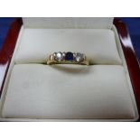 9ct yellow gold ring set with 2 diamonds and central sapphire, shank stamped 375 size N/O