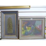 P.S. Baumgartner; a mid 20th century oil of boats and houses and an eastern metal plaque of Goddess