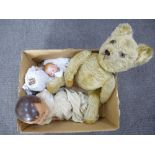 An old plush teddy having moveable hoists, Armand Marseille bisque head doll, no 351 and one other