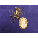 Cameo shell brooch in a 9ct yellow gold mount stamped 9ct together with a small collection of rose