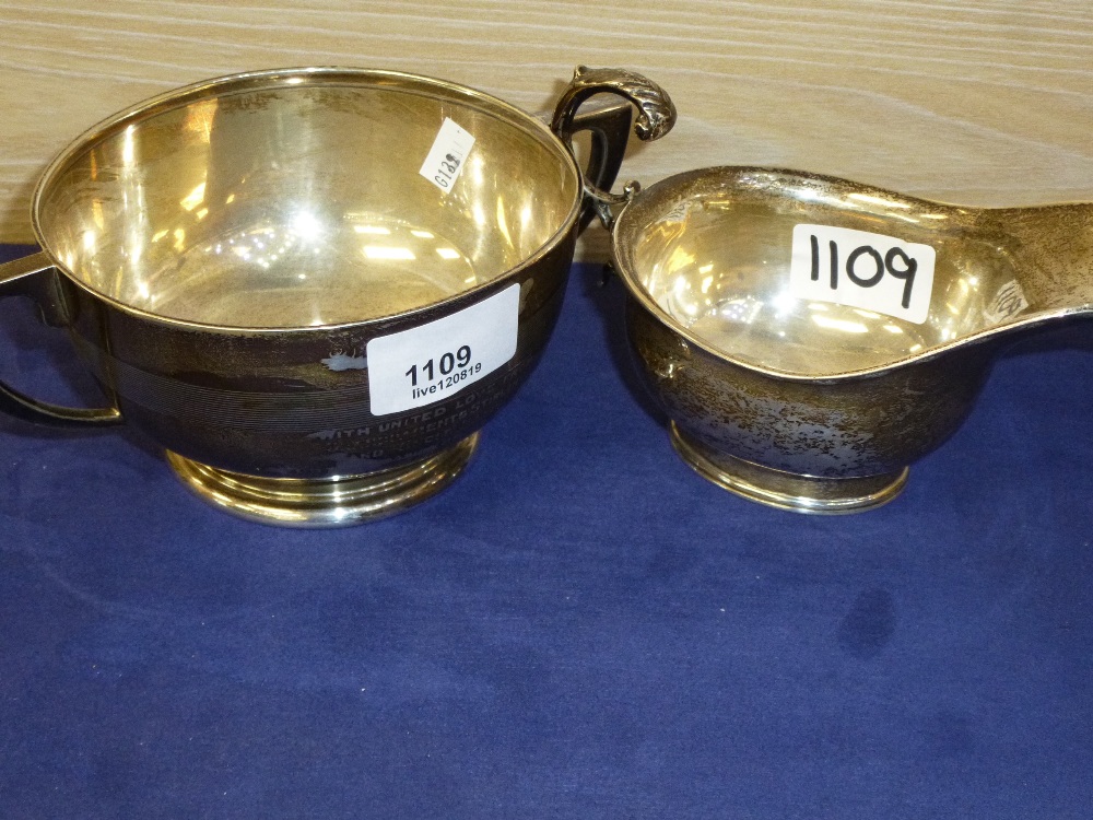 Commemorative bowl, silver Birmingham 1953 and a silver sauce boat Newcastle total approx 10.9