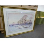 W. Baker; a watercolour of snowy scene with figures beside a church, signed and dated 1929