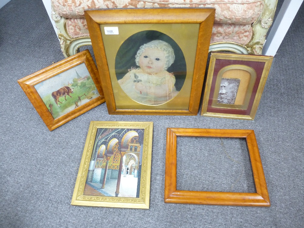 Antique oil od a baby in maple frame and 3 other pictures