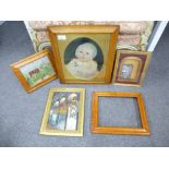 Antique oil od a baby in maple frame and 3 other pictures