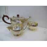 Tea set comprising tea pot, milk jug and sugar bowl silver ,Birmingham 1939 stamped AA to base of