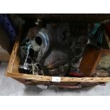 Wicker basket of collectables to incl. metalware, ship in a bottle etc.