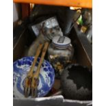 A box of sundry items. To include a large quantity of buttons, B&W bowl, metal jug together with