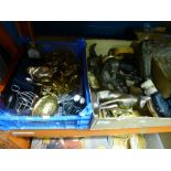 A box of Egyptian themed figurines etc. Together with a box of brass items.