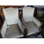 Pair of inlaid Edwardian armchairs upholstered in cream velvet.