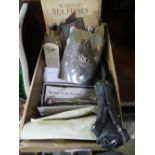 A box of collectable items. Including Boastwain whistle, cigarette/tea cards etc.