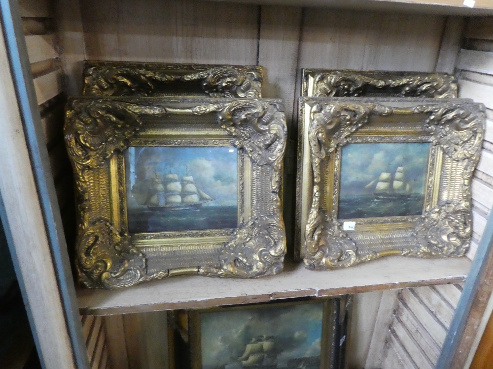 4 Heavy gilt framed pictures of ships, a large example & 4 small gilt framed pictures of golfers - Image 2 of 3