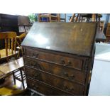 Vintage mahogany bureau, fitted interior above 4 drawers.