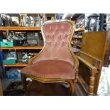 Pink velvet upholstered studded & buttoned bedroom chair on cabriole supports.