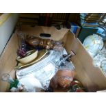 Box of sundries to incl. treen, ceramics and glass plate stands etc.