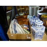 box of mainly blue and white ceramics to incl, ginger jar, copper framed panels etc.