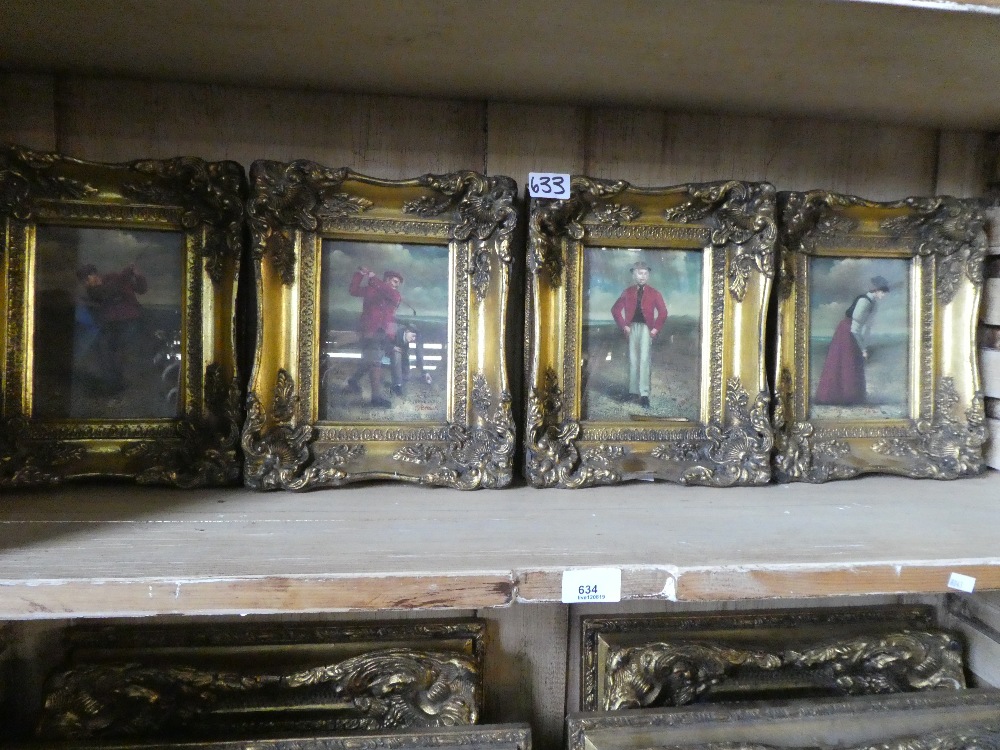 4 Heavy gilt framed pictures of ships, a large example & 4 small gilt framed pictures of golfers