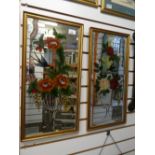 4 mirrors two of which decorated with flowers and bluetits, 1930's wall mirror, painted over