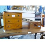 Miniature ch of drawers together with a lidded box with brass decoration and marquetry panels