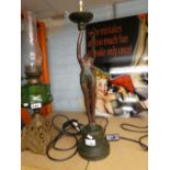 Brass and green glass oil lamp with chimney together with 1930's style table lamp female figure