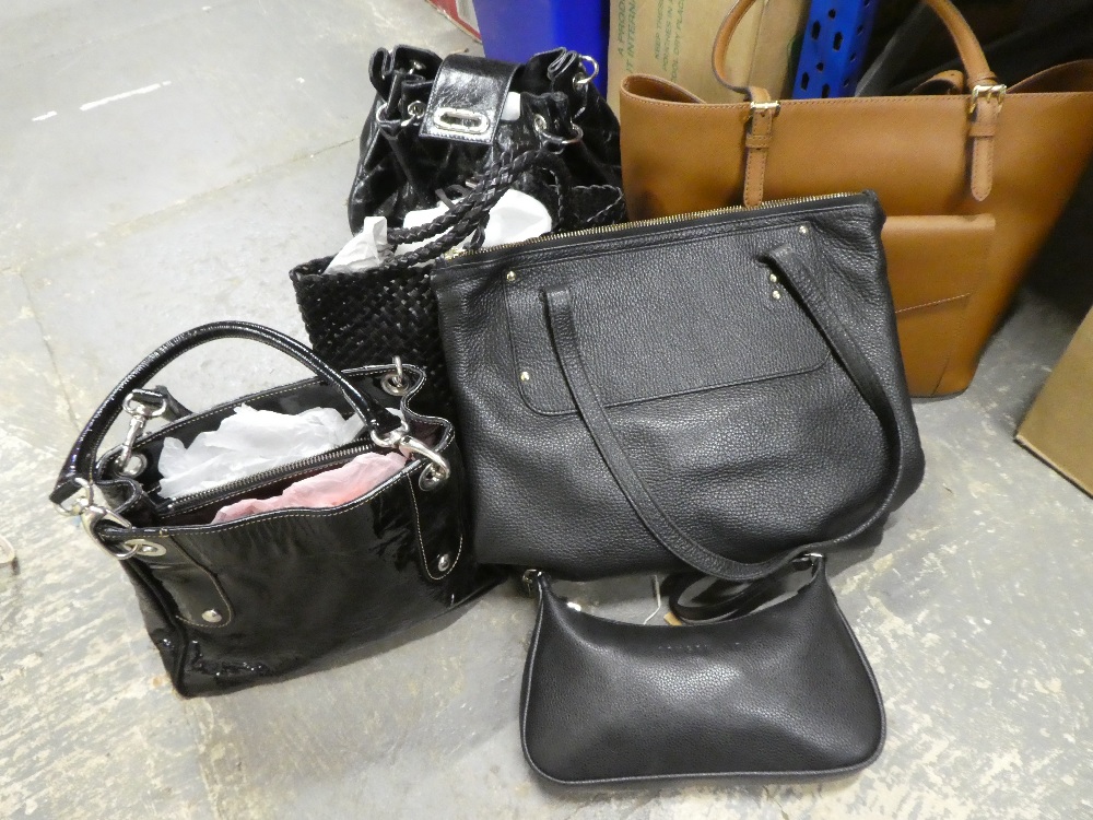 Three Russell and Bromley black handbags and others