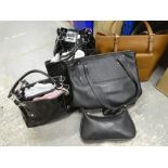 Three Russell and Bromley black handbags and others