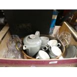 A small box of sundry items to include Poole coffee set, stamp album, balloon glasses, etc.