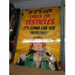 Large metal sign 'Tyres' and 'Testicles'