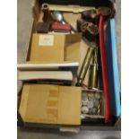 A box of mixed collectables to include a vintage brass fire nozzle, small box of vintage coins,