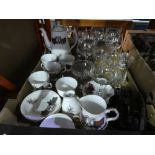 Box of Babycham glasses, china etc.