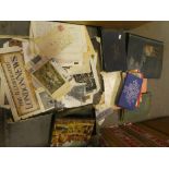 Box of mixed ephemera to include a vintage scrap book of Beatles memorabilia postcards ephemera etc.