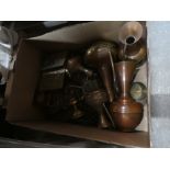 A box of metalware, brass and copper