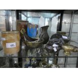 A shelf of sundry items to include brassware, ceramic glass and a decorated wooden cigarette box.