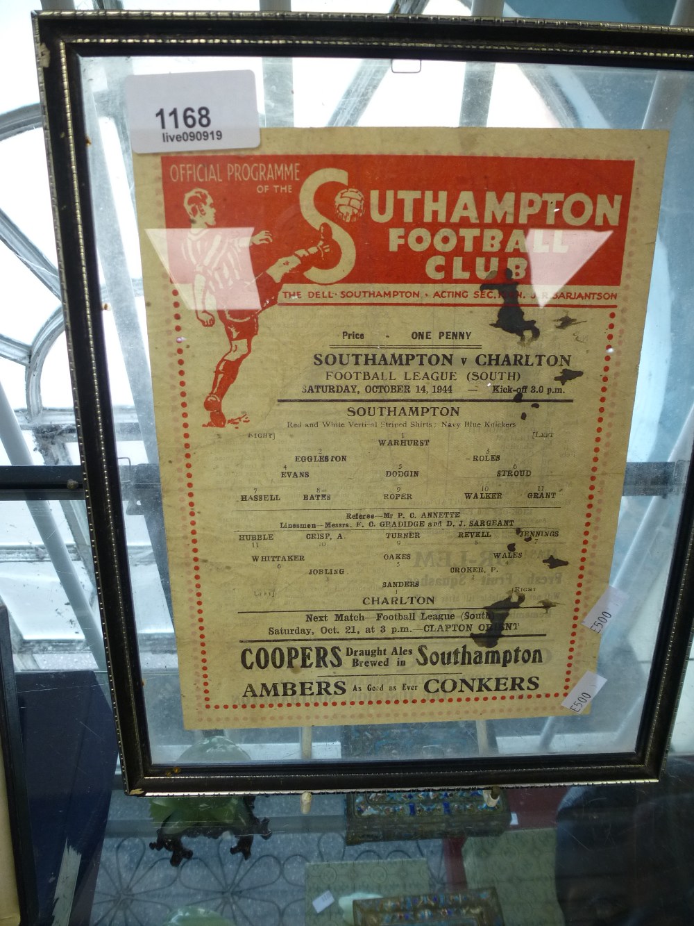 A 1944 Southampton football programme sheet, framed and glazed