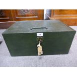 A Victorian cast iron safe having pair of side handles, green painted. 46cms.